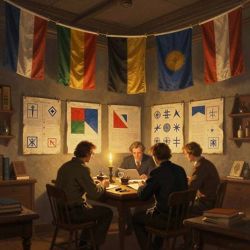 Photograph of four men in a warmly lit, cozy room with international flags and diagrams on the walls, discussing around a wooden table with a candle.