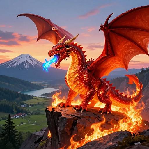 Photorealistic digital art of a fiery red dragon with glowing blue breath, standing on a cliff, overlooking a mountainous landscape at sunset.