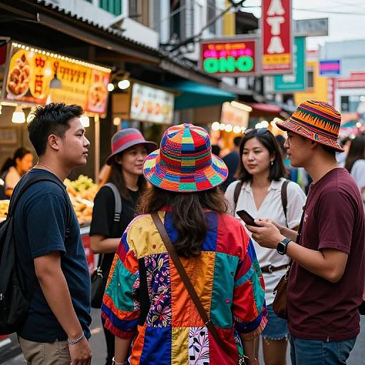 Photograph of diverse group in colorful street market; woman in vibrant hat and patchwork dress, man in patterned hat, surrounded by casually dressed people