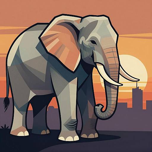 Cubist Elephant Illustration at Sunset