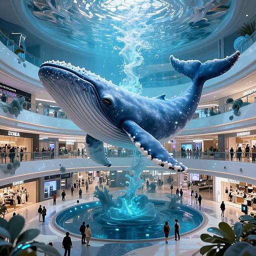 Photograph of a modern mall with a massive, digital hologram of a blue whale suspended above a circular water fountain, surrounded by shoppers on multiple levels