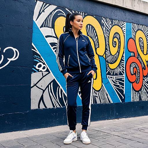 Woman in Navy Blue Tracksuit with Street Art Mural