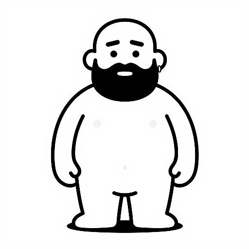 Black and white cartoon of a bearded, bald, overweight man with simple lines, standing with a neutral expression. Minimalist style.