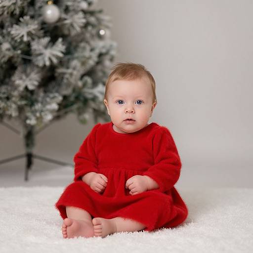 Photograph of a baby with fair skin and blue eyes, wearing a red velvet outfit, sitting on white carpet, in front of a snow-covered Christmas