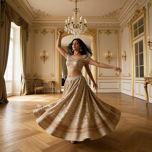 Photograph of a dark-haired woman in a gold, shimmering, midriff-baring top and flowing skirt, dancing gracefully in an opulent