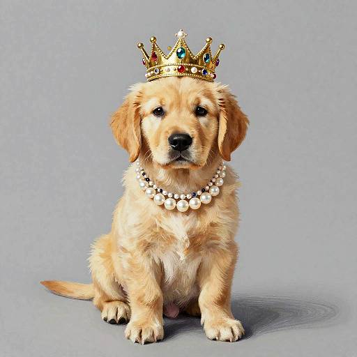 Golden Retriever Puppy with Crown and Pearl Necklace