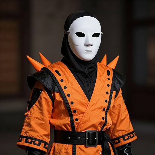 Photograph of a person in a white, featureless mask, wearing an orange, spiked-shoulder, black-trimmed jacket, and black