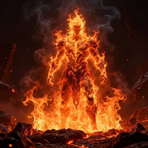 Photograph of a fiery, humanoid figure standing in a blazing inferno, with bright orange flames and dark, smoky background.