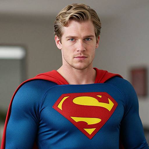 Photograph of a handsome, blue-eyed, blond-haired man in a Superman costume with a red cape and blue suit featuring the iconic red and yellow 