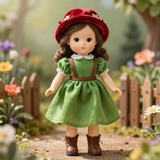 Photograph of a realistic doll with brown curly hair, green dress, brown boots, red hat, standing in a sunny garden path with colorful flowers and