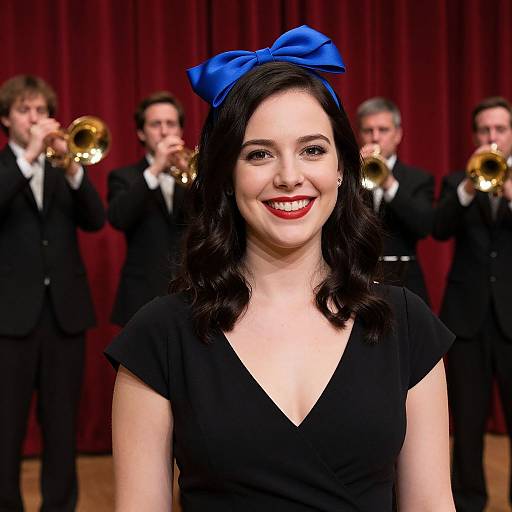 Photograph of a smiling woman with dark hair, red lipstick, and a blue bow headband, wearing a black dress, standing in front of four