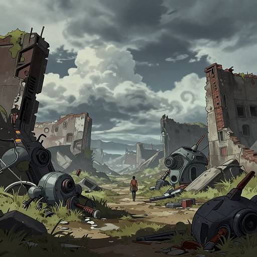 Digital artwork of a desolate, post-apocalyptic landscape with overgrown ruins, scattered machinery, and a lone figure walking toward a cloudy sky.