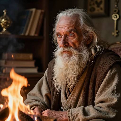 Photograph of a wise, elderly man with a long white beard, wearing a brown robe, sitting by a burning fire in a dimly lit,