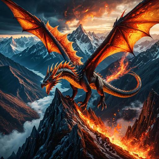 Majestic Fiery Dragon Soaring Above Mountains