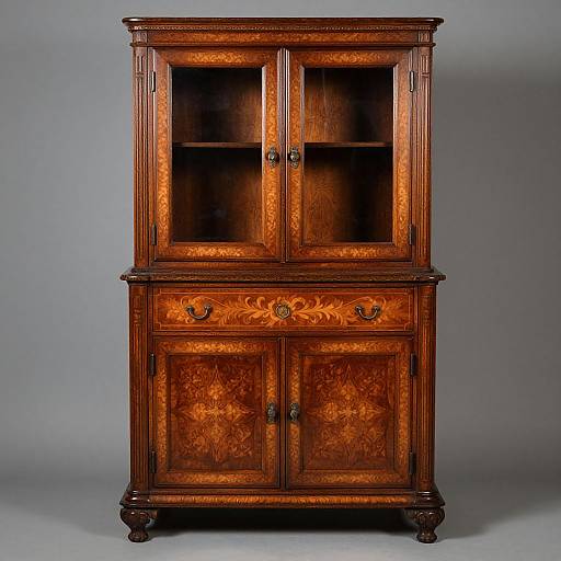 Photograph of an antique, ornately carved, dark wooden cabinet with glass doors and intricate floral patterns, standing against a gray background.