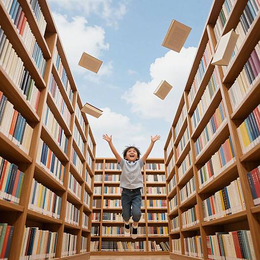 Photograph of a joyful young boy with curly hair, white shirt, and blue jeans, jumping in a narrow library aisle with bookshelves on both