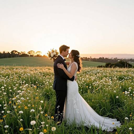 Joyful Bride and Groom Sunset Embrace