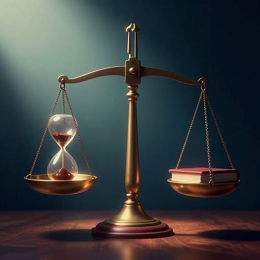 Photograph of a golden balance scale with a glowing hourglass on the left and an empty, illuminated bowl on the right, set against a dark,