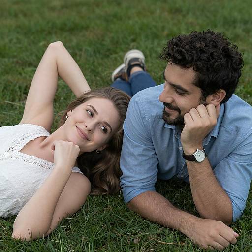 Photograph of a smiling couple lying on grass; woman in white dress, man in blue shirt, both relaxed, hand on cheek.