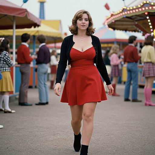 Photograph of a confident woman with wavy brown hair, wearing a red dress, black cardigan, and black ankle boots, walking through a bustling
