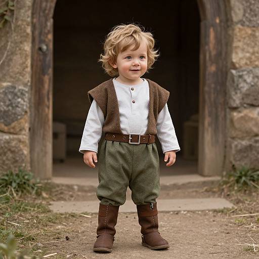 Photograph of a curly-haired, smiling toddler in white shirt, brown vest, green pants, and brown boots, standing in front of a rustic stone