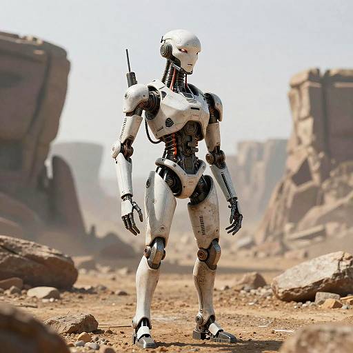 Photorealistic CGI of a white and black humanoid robot standing in a desert canyon, featuring a sleek, muscular design and a single antenna on its head