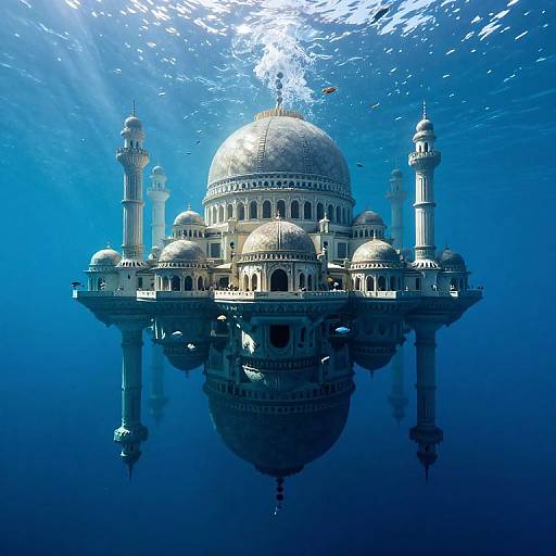 Photograph of an underwater, floating, white Mughal-style mosque with multiple domes and minarets, surrounded by blue ocean water and illuminated