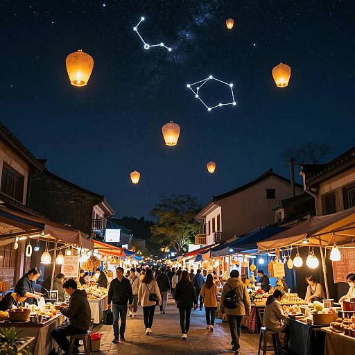 Photograph of a bustling evening market under a starry night sky, with glowing paper lanterns, illuminated food stalls, and diverse shoppers.