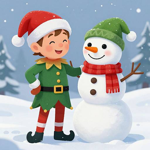 Colorful digital illustration of a smiling elf in green outfit and red hat standing beside a happy snowman in green hat and red scarf in snowy winter landscape