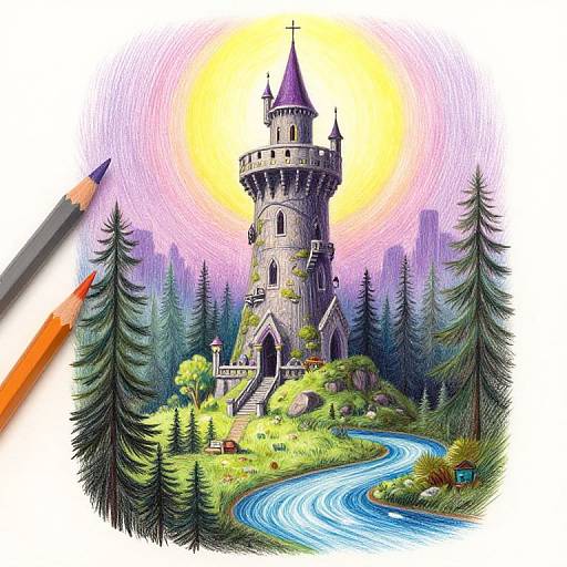 Retro Colored Drawing of Magic Tower