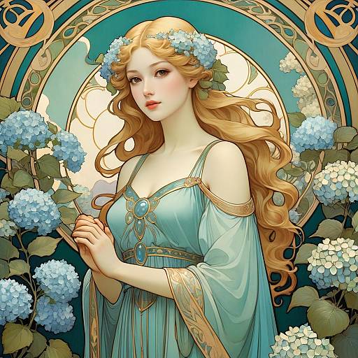 Art Nouveau Woman in Hydrangea Garden