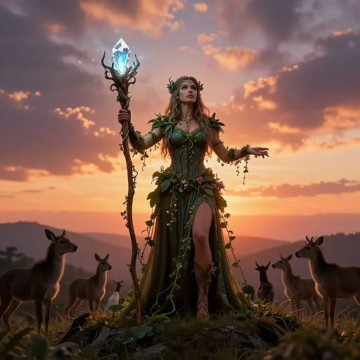 Photorealistic fantasy artwork: Elven woman with long brown hair, green leafy dress, and vine accessories, holding glowing staff, stands amid deer