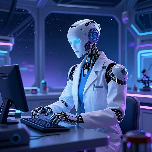 CGI image of a glowing blue-eyed, white, robotic scientist in a lab coat typing on a computer in a futuristic, neon-lit lab.