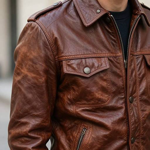 Photograph of a man's chest and shoulders wearing a worn, brown leather jacket with metallic buttons and chest pockets.
