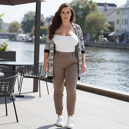 Confident Woman on Riverfront Patio