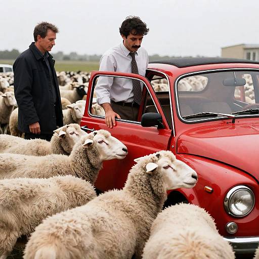 Vintage Car Surrounded by Sheep Herd