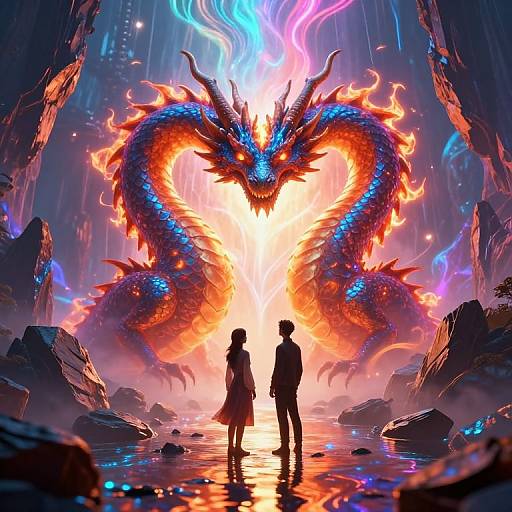 Digital art: Two silhouetted children stand in awe before a glowing, fiery, multi-headed dragon with blue and red scales in a futuristic,