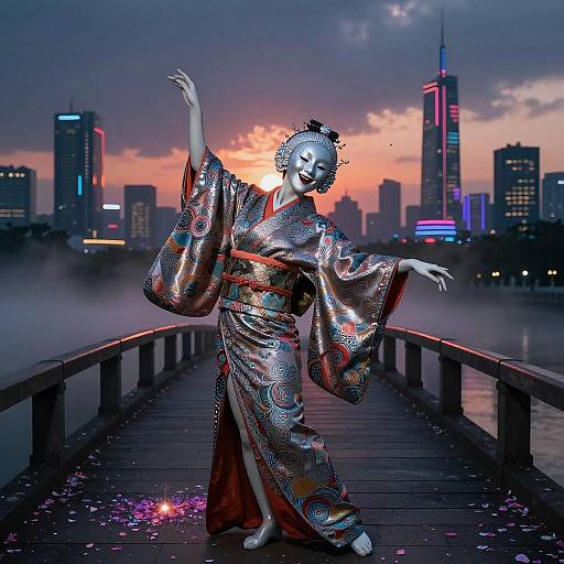 Androgynous Silver-Masked Noh Dancer at Dusk