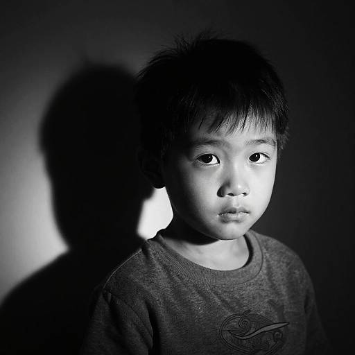 Black and white portrait of Asian boy with dramatic lighting