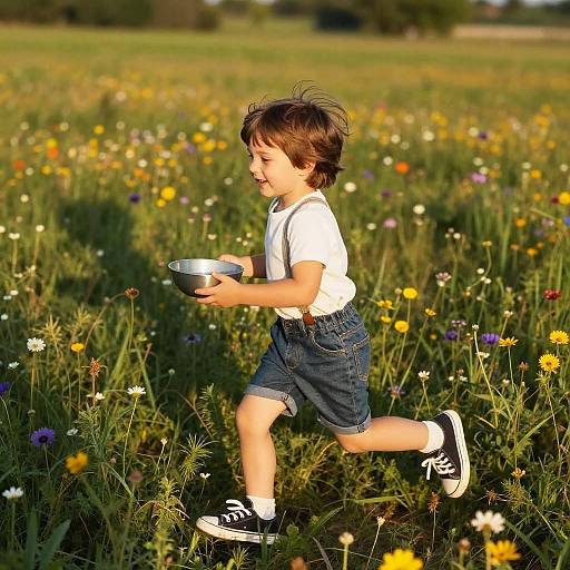 Photograph of a young boy with brown hair, wearing a white t-shirt, denim shorts, and black sneakers, running through a sunlit field of