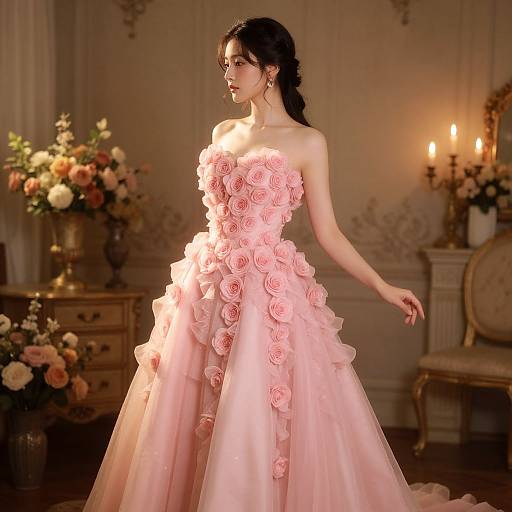 Photograph of an Asian woman in a strapless, pink rose-adorned ball gown, standing in an elegant, candlelit room with floral arrangements