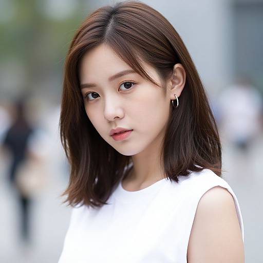 Photograph of an Asian woman with fair skin, straight brown shoulder-length hair, wearing a white sleeveless top, small hoop earrings, and a neutral
