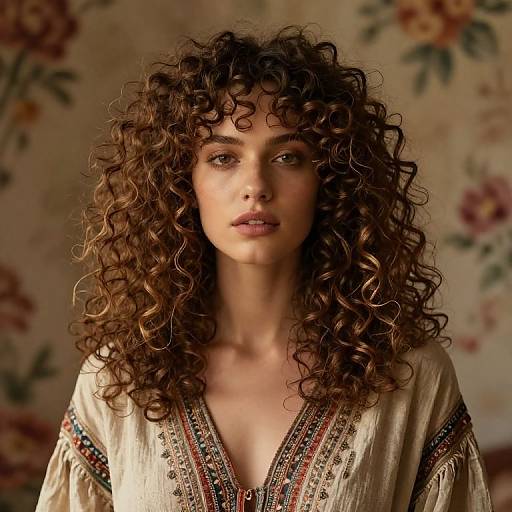 Photograph of a young woman with voluminous curly brown hair, wearing an embroidered beige top, against a floral-patterned background.