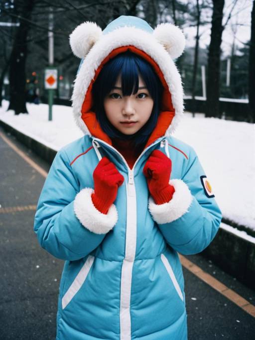 Winter Portrait of Woman in Blue Bear Hoodie Coat