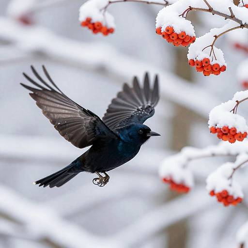 Iridescent Black Bird on Snowy Rowan