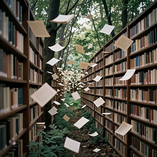 Photograph of a library aisle with floating white papers between dark wooden bookshelves, surrounded by lush green trees and sunlight.