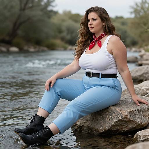 Photograph: Curvy brunette woman with long wavy hair, wearing white tank top, red bandana, blue high-waisted pants, black