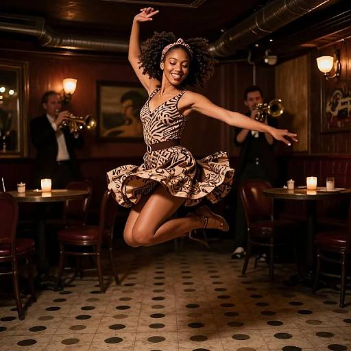 Photograph of a joyful Black woman with curly hair, wearing a zebra print dress, mid-jump in a dimly lit, vintage-style jazz