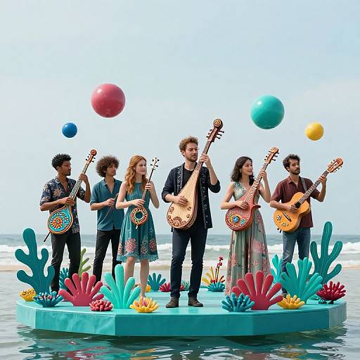 Photograph of a colorful beach band playing ukuleles on a floating platform with vibrant sea anemone decorations and floating balloons.