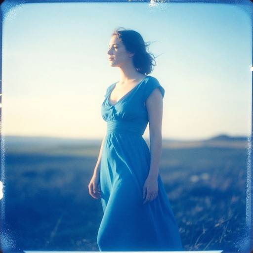 Photograph of a woman in a flowing blue dress standing in a field at sunset, backlit with a bright, glowing sky.